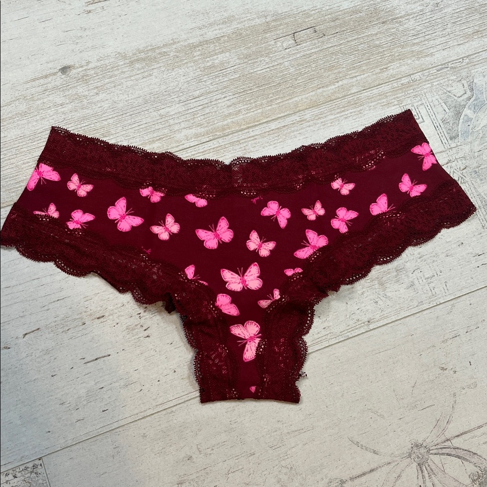 Pink Victoria's Secret Burgundy and Pink Butterfly Lace Cheekster Panties Medium